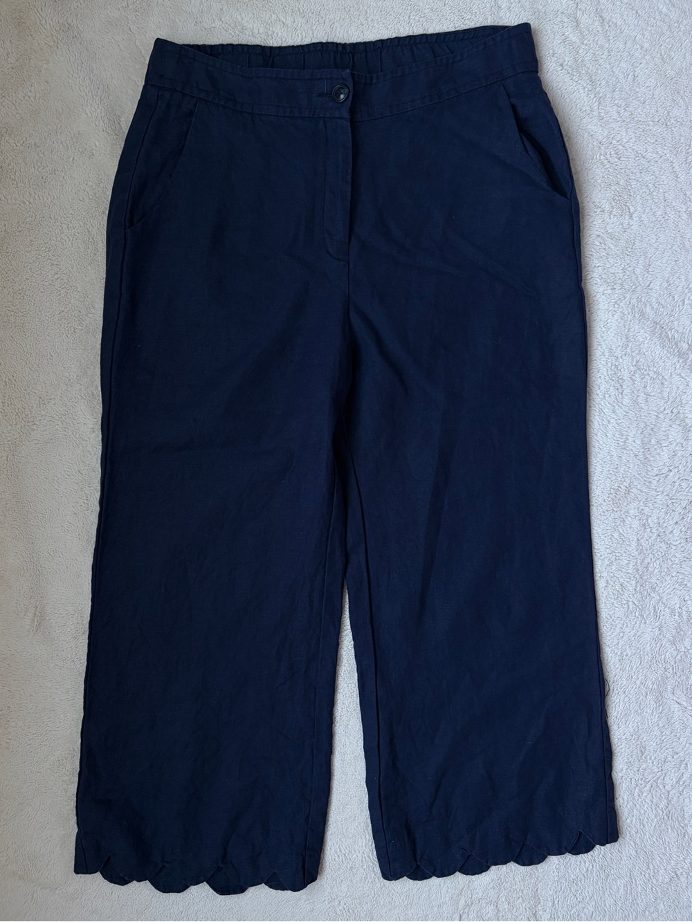 Chico's Navy Scallop Linen Ankle Cropped  Pants Women Size 2 or or 12